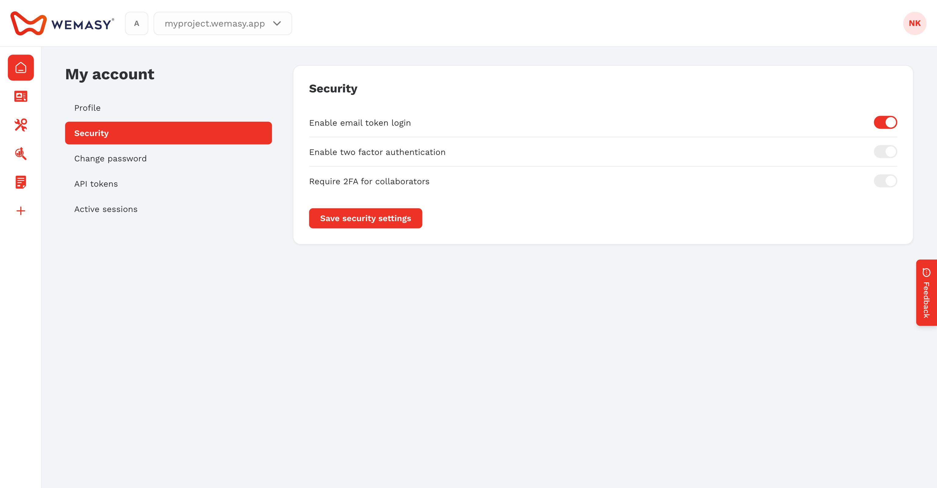The WEMASY account security settings screen