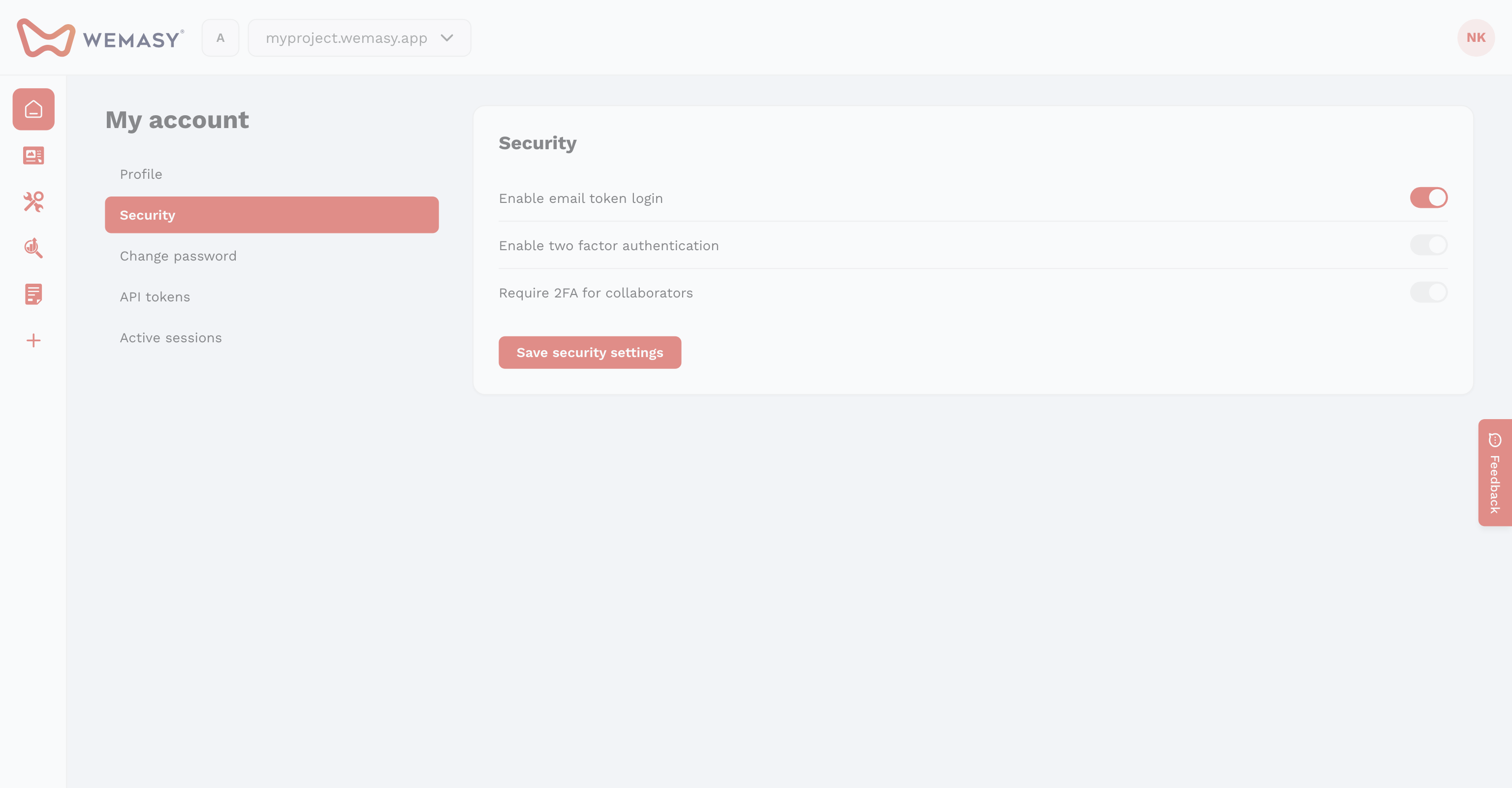 The WEMASY API tokens screen in account security