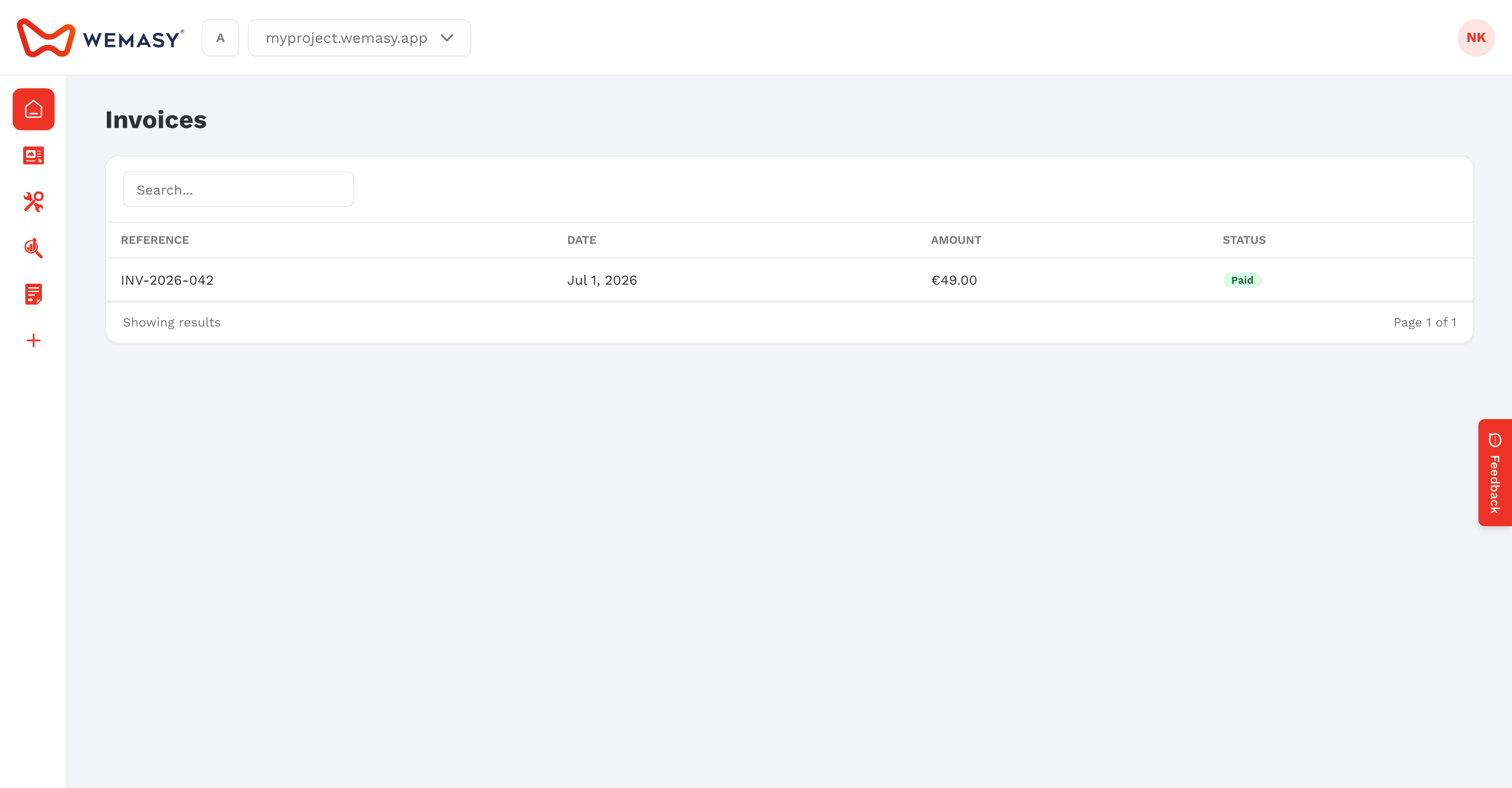 The WEMASY invoices list in billing