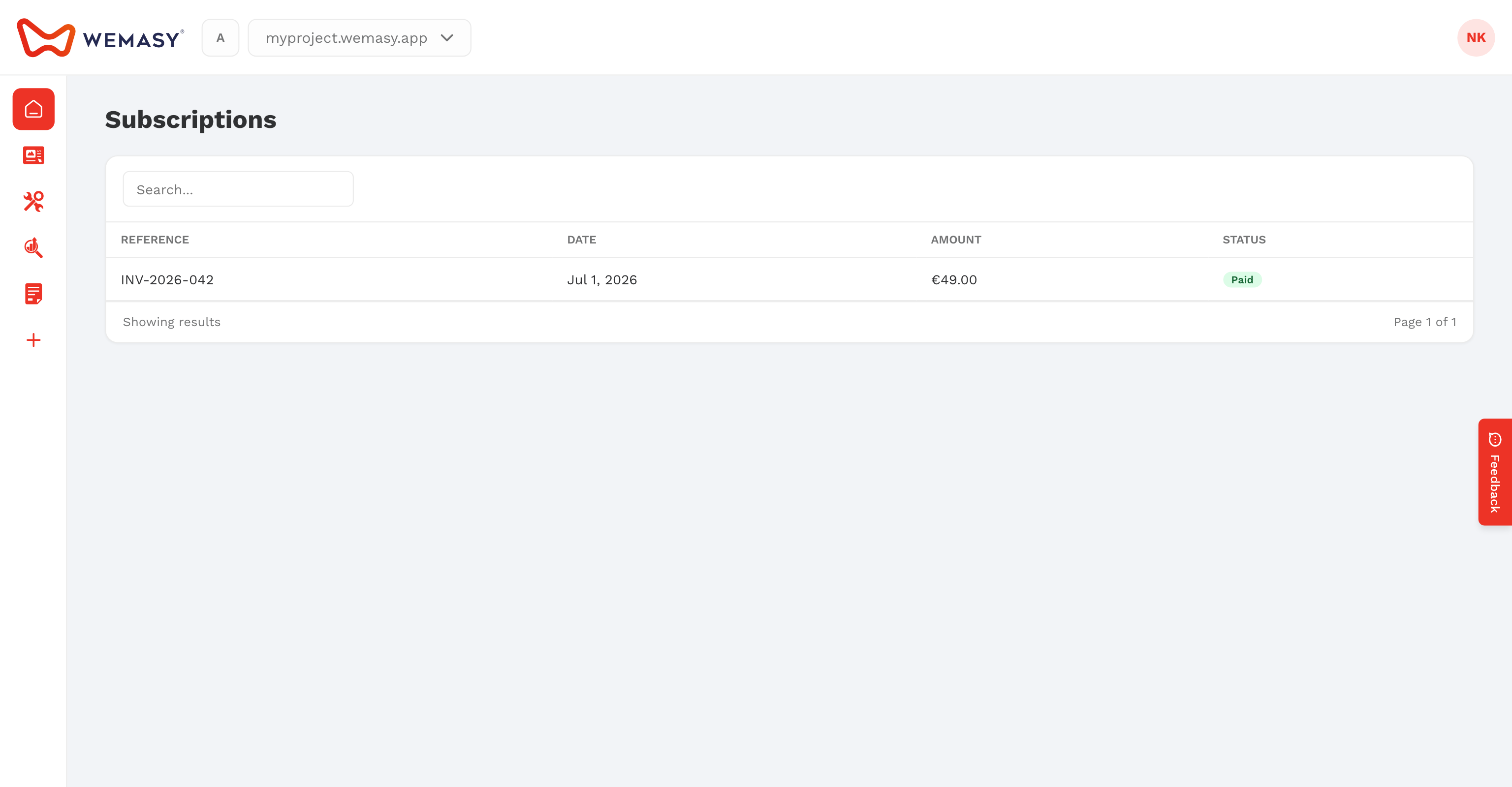 The WEMASY billing subscriptions screen