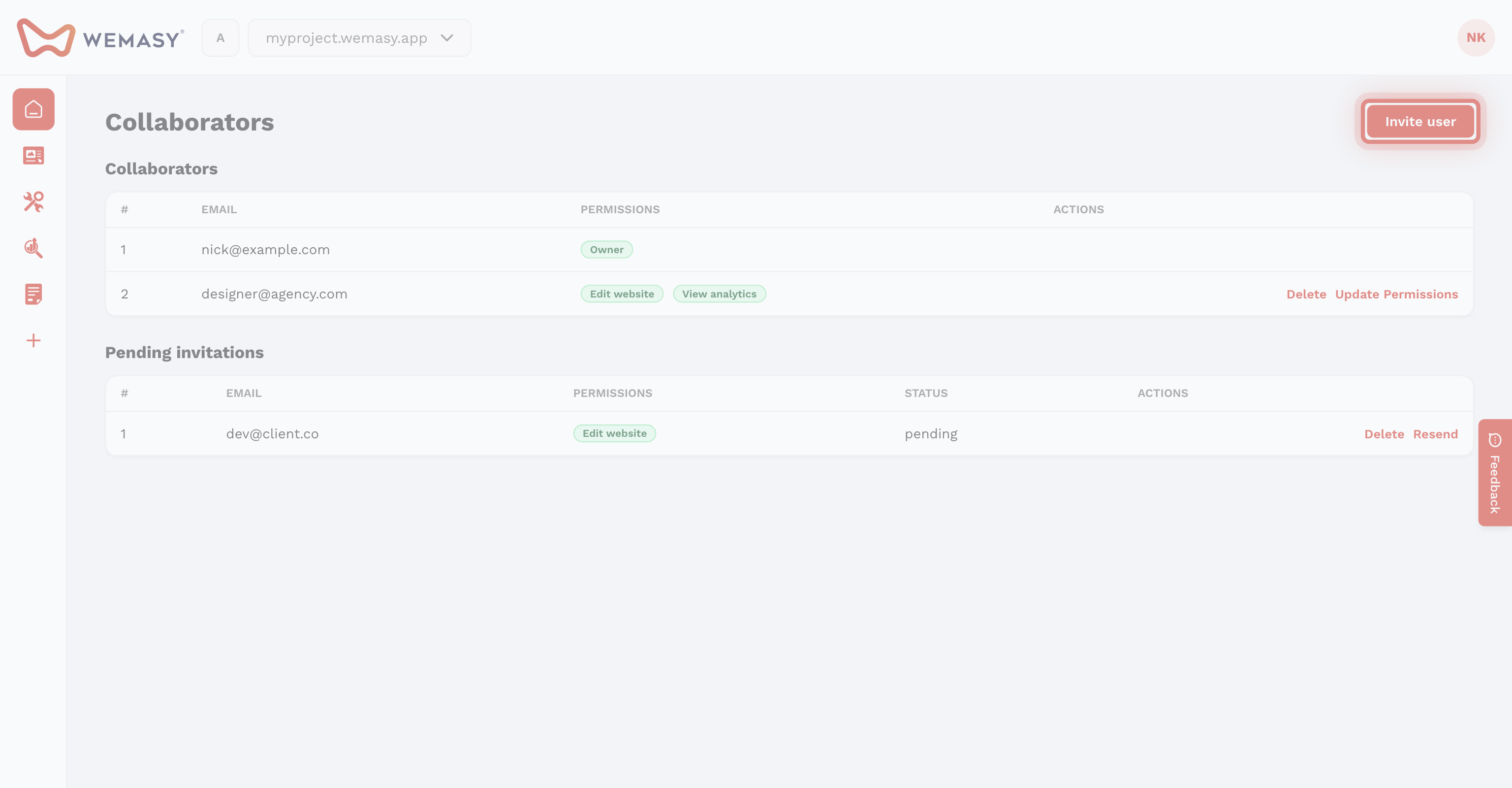 The WEMASY collaborators screen with Invite user button