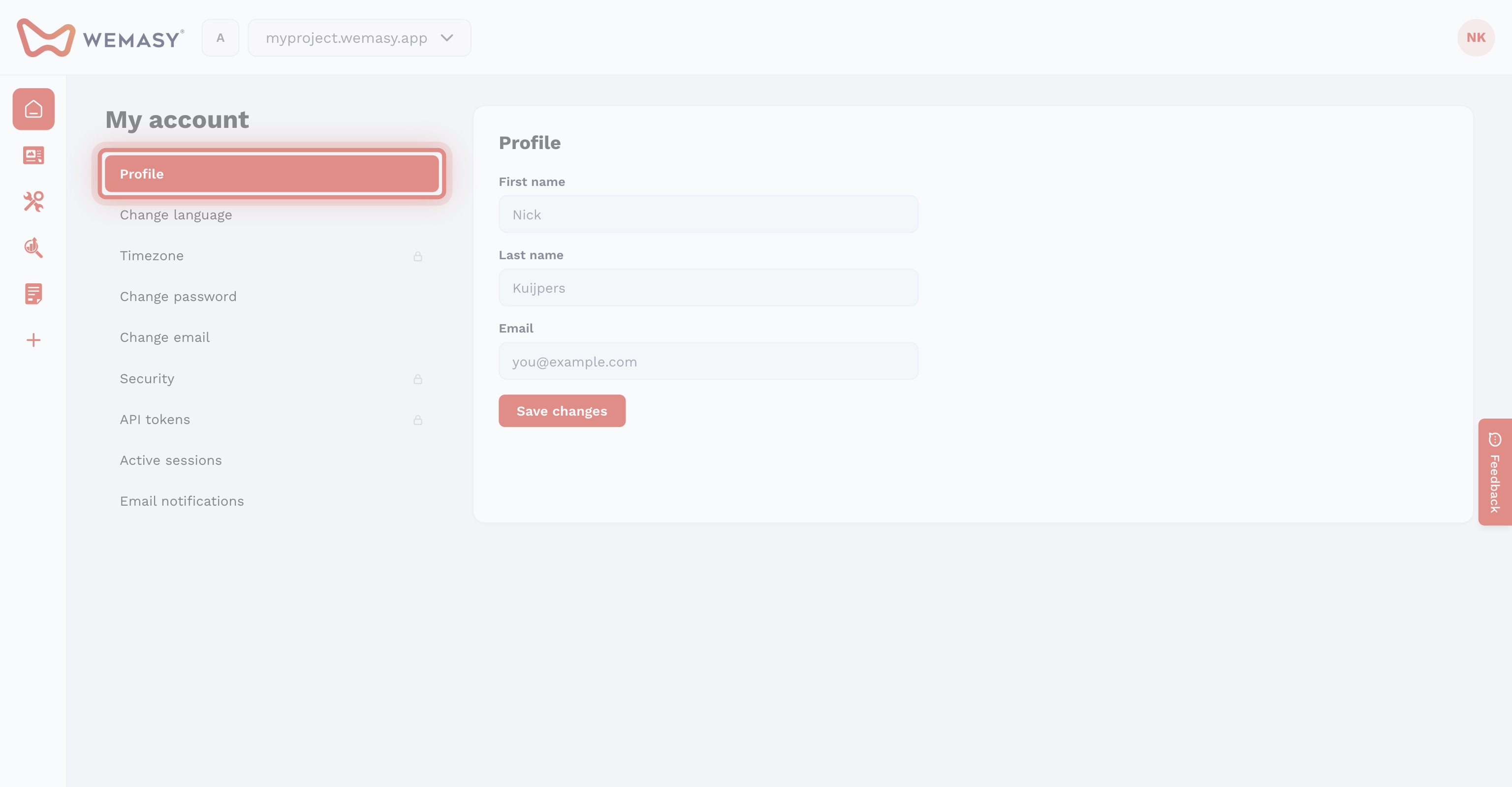 The WEMASY My account profile screen