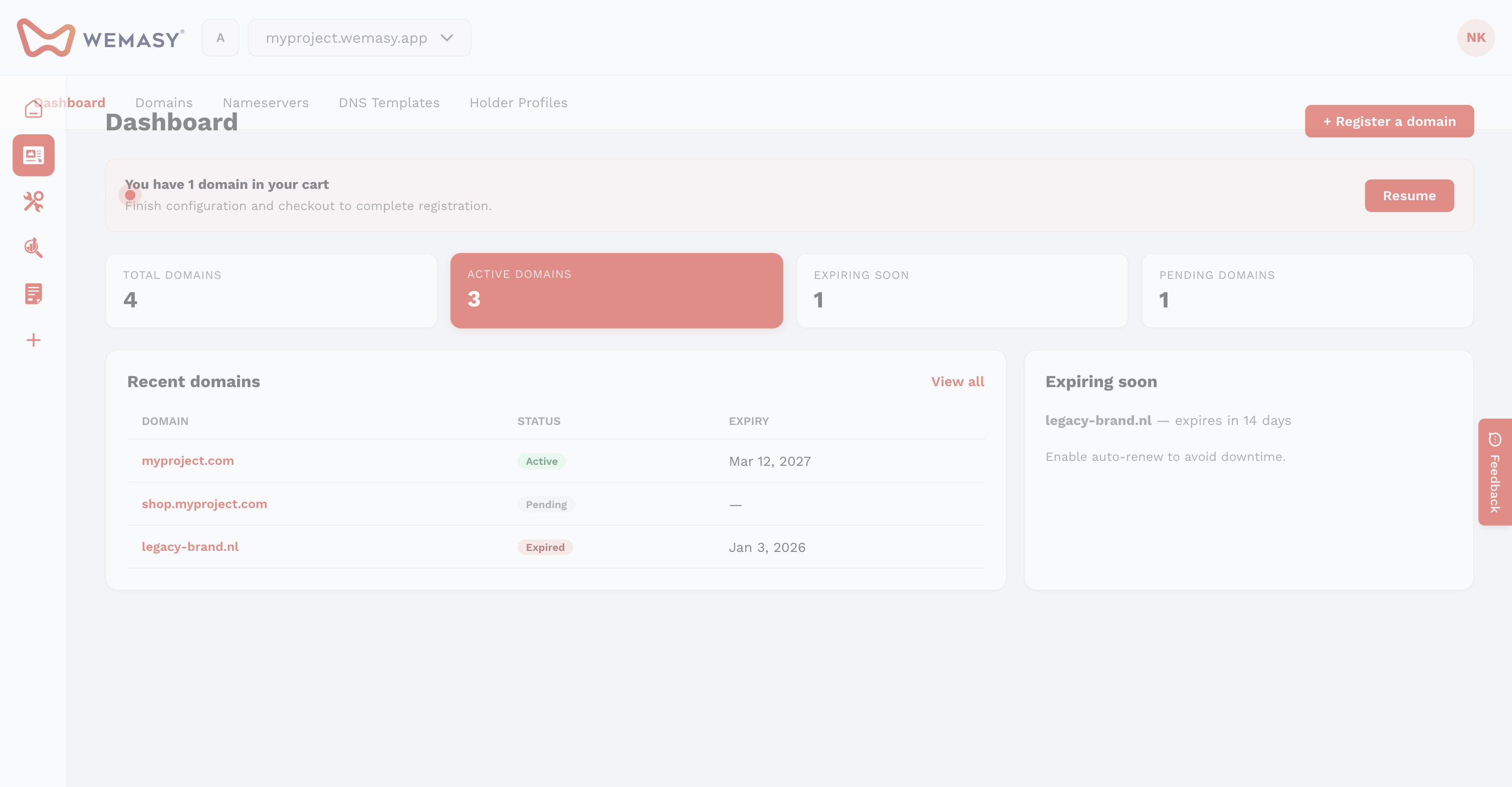 The WEMASY dashboard with a system status alert banner