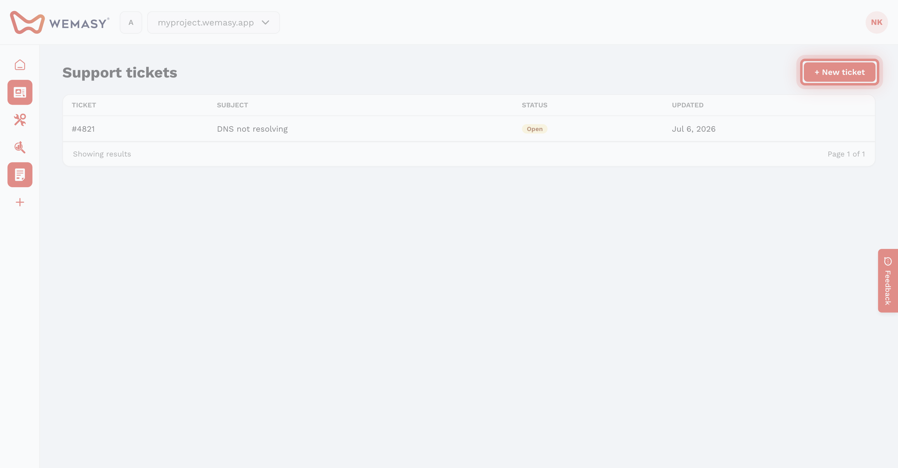 The WEMASY support tickets screen