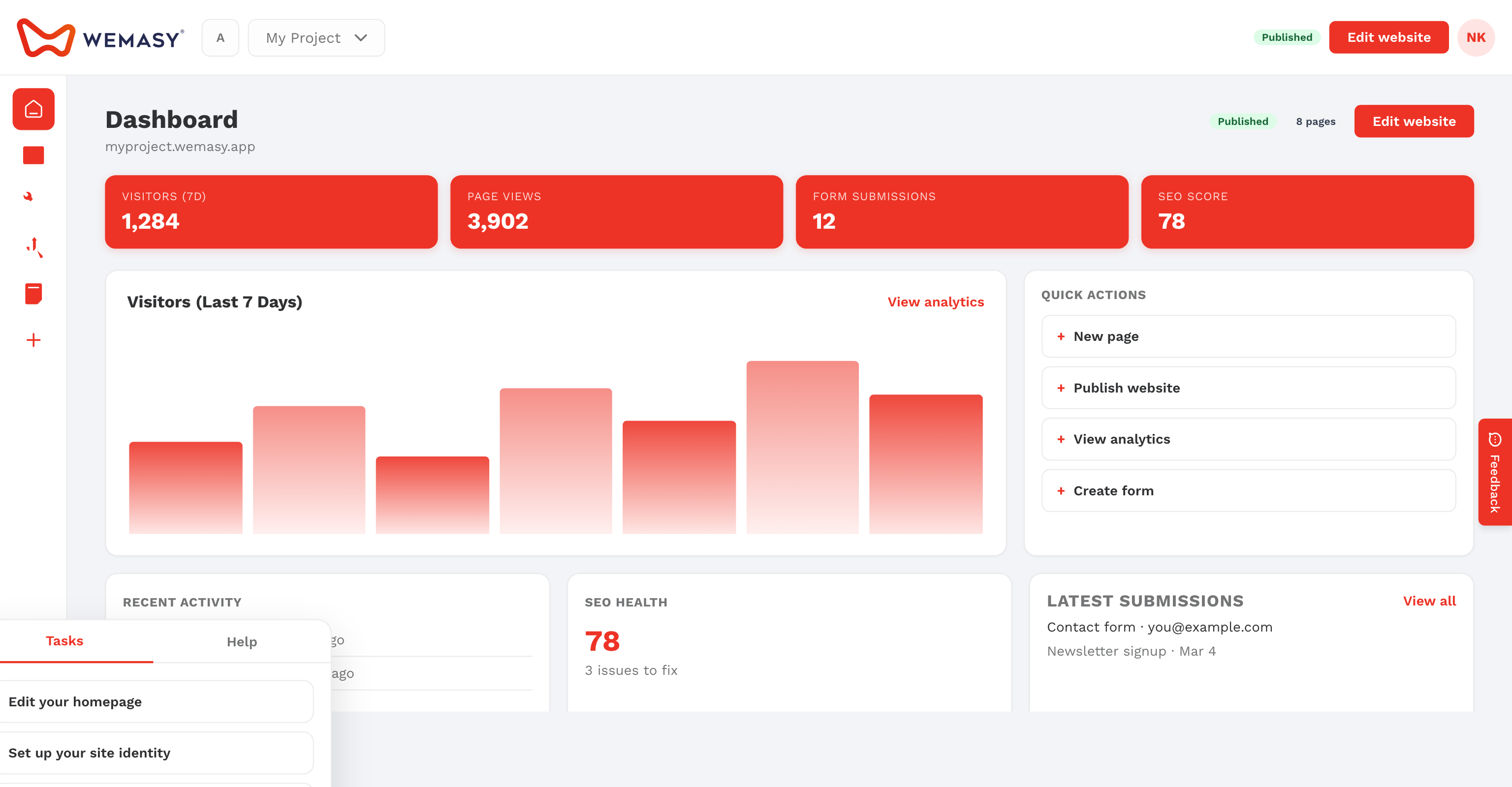 The floating WEMASY panel with Tasks and Help tabs