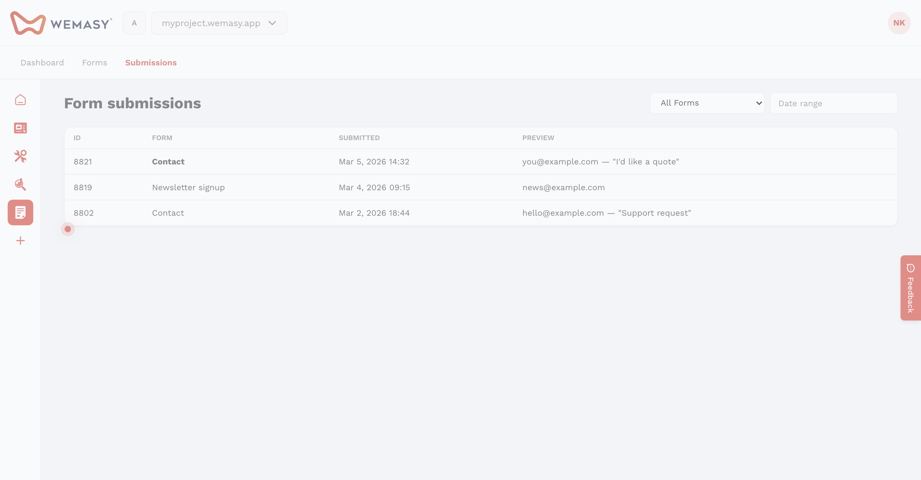 Forms — Submissions tab