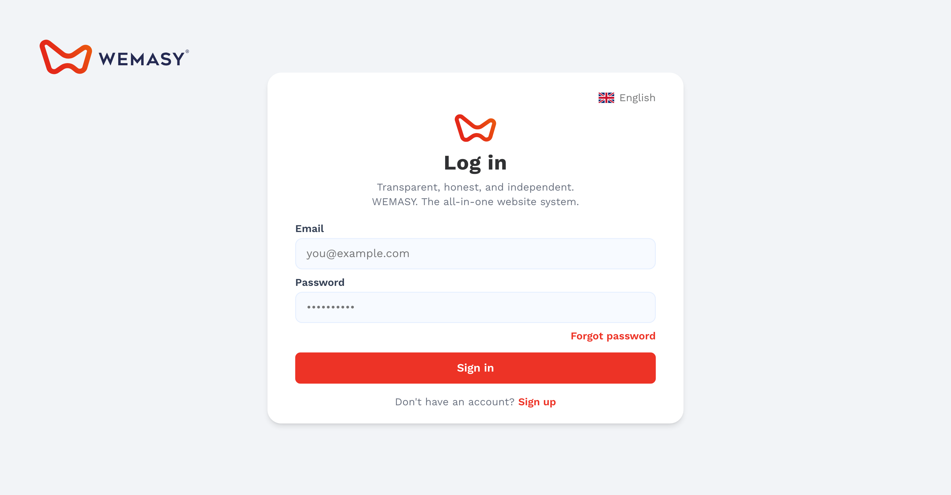 The WEMASY login screen with email and password fields