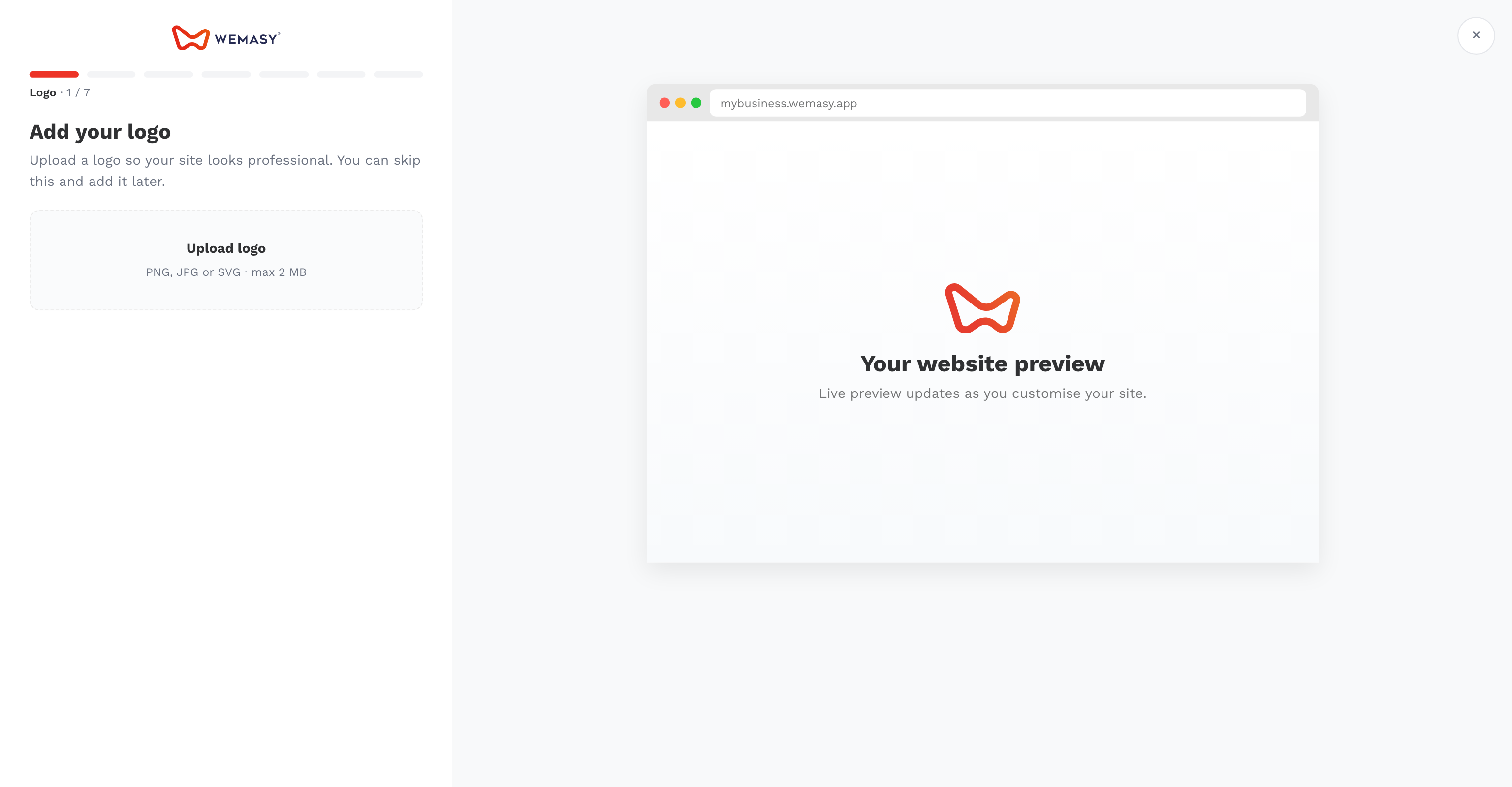 The WEMASY onboarding wizard on the logo step