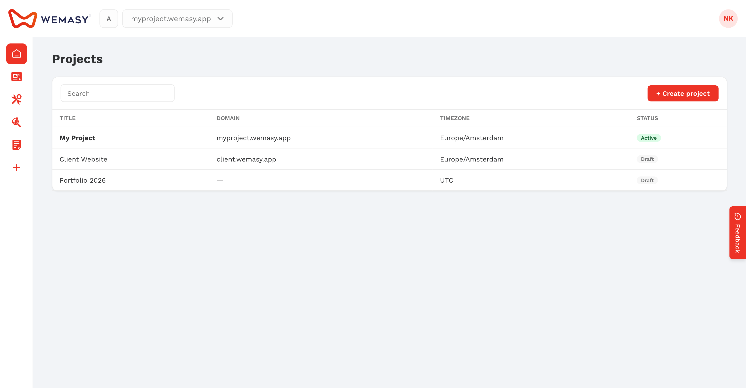 The WEMASY projects overview screen