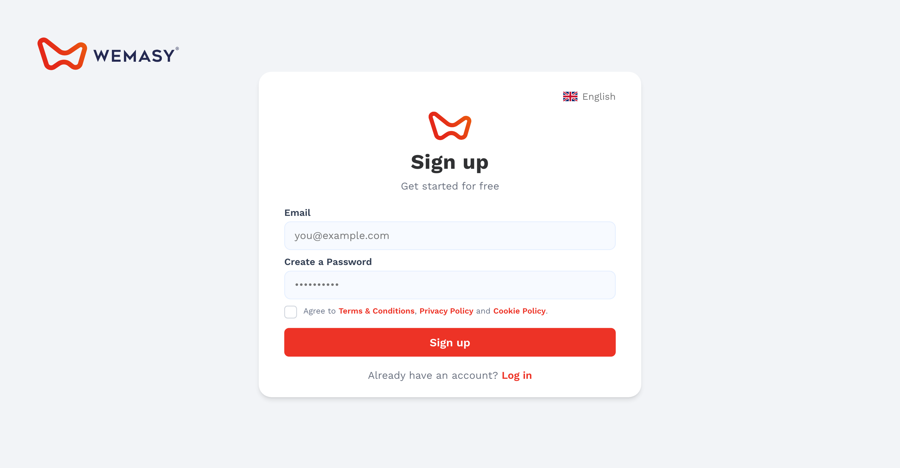 The WEMASY sign up screen