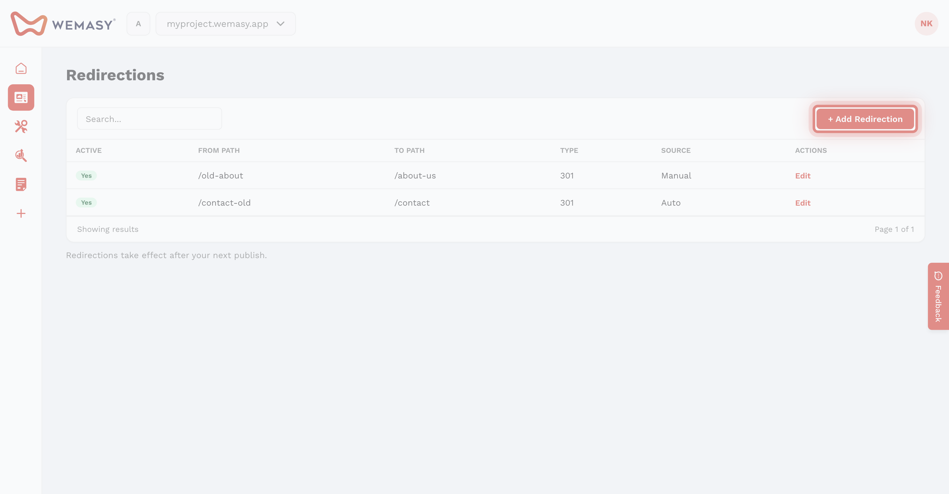 Website Builder — Redirections