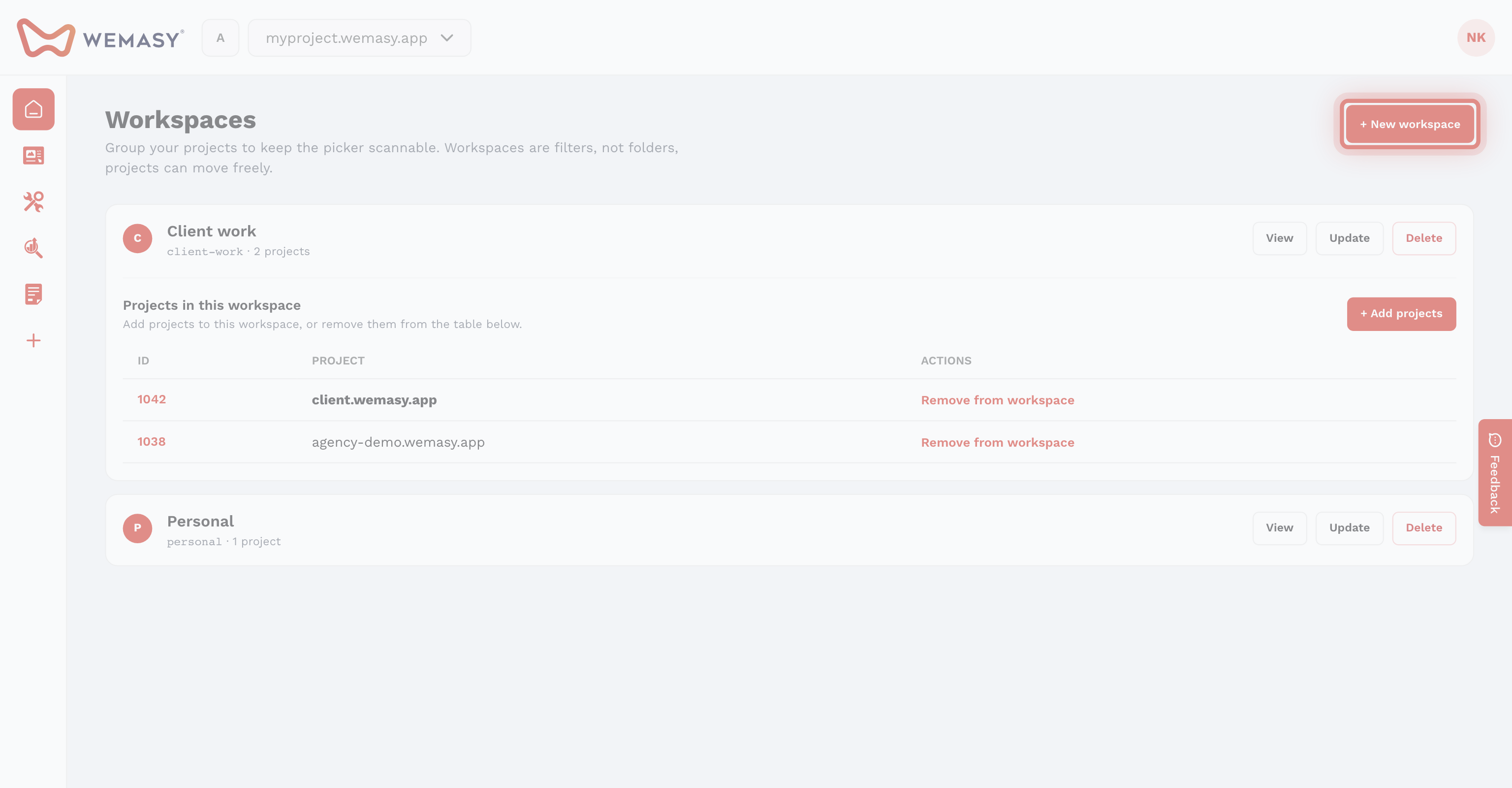 The WEMASY workspaces screen showing projects in a workspace