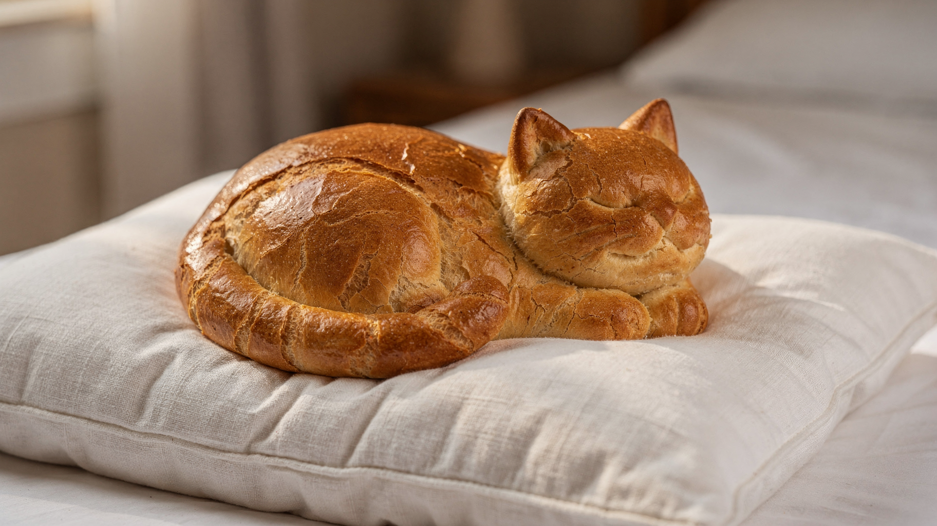 Almojábana con forma de gato durmiendo sobre una almohada