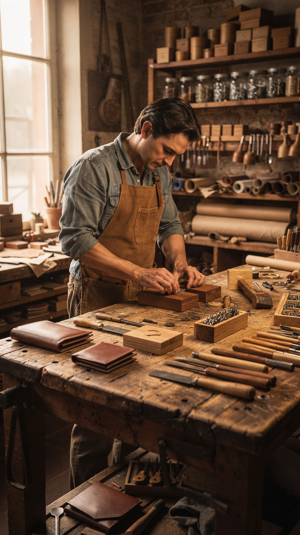 The maker at a workbench with handmade goods