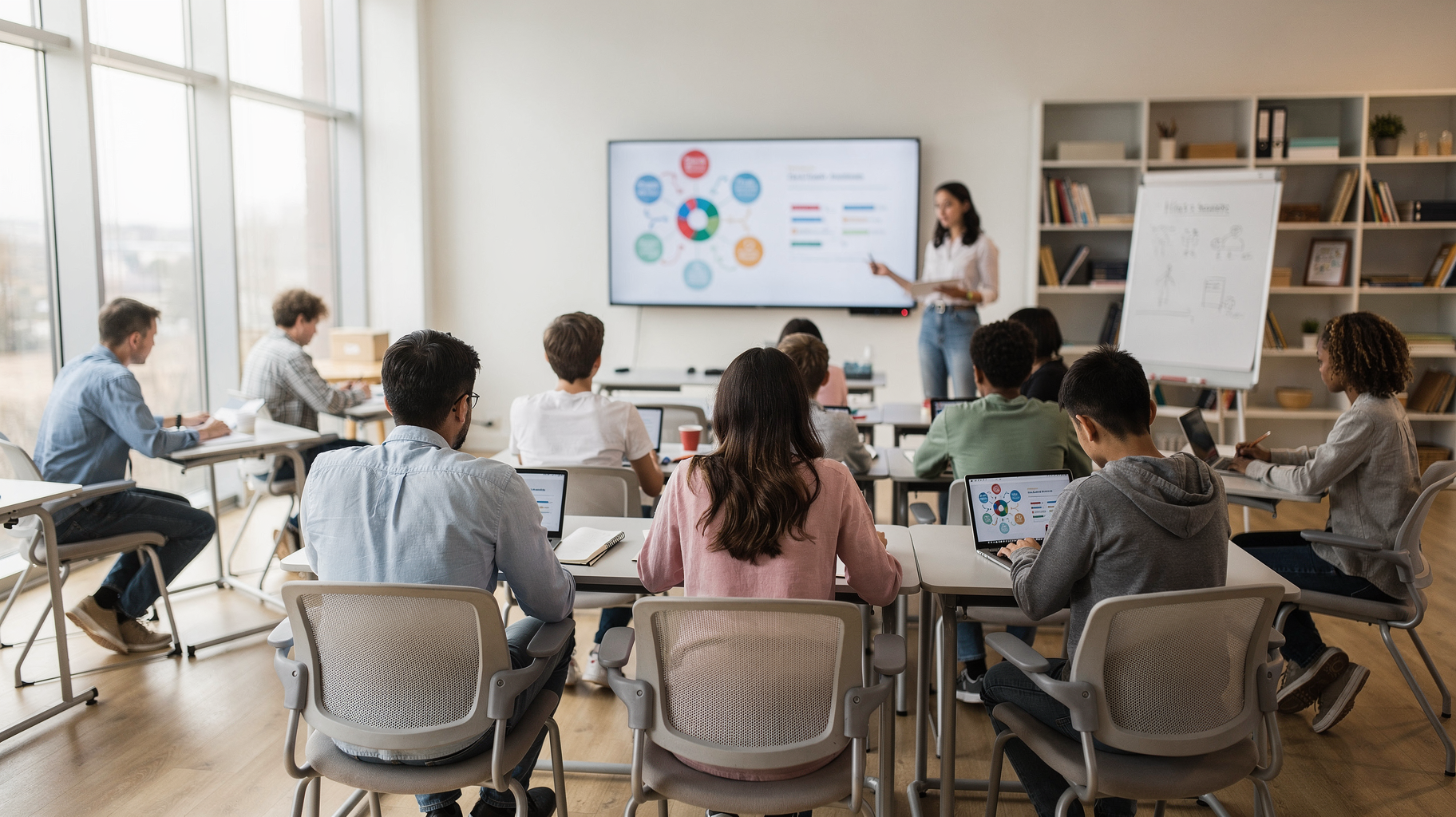 Students learning in a bright modern classroom